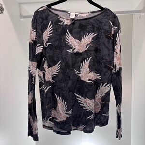 Long Sleeve Heron bird Print Top - Navy and Pink